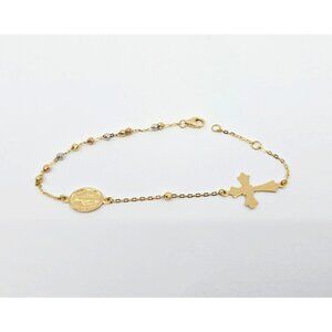 18K Yellow Gold Rosary Cross Saint Mary Bead Ball Resizable Link Chain Bracelet